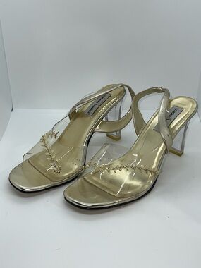 Sexy Gold & Clear High Heel Sling Back Pumps. Size 12W With A 3.5 Inch Heel.